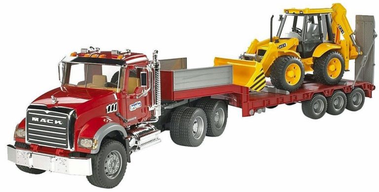 Bruder Mack Granite Flatbed Truck with JCB Loader BackhoeBruder Mack ...